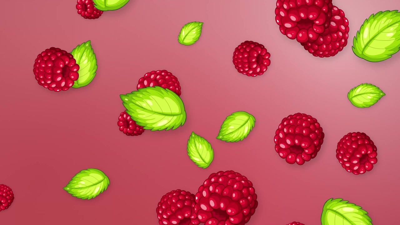 Animated fresh raspberries and green mint leaves fall vertically against a soft pink mesh background.
