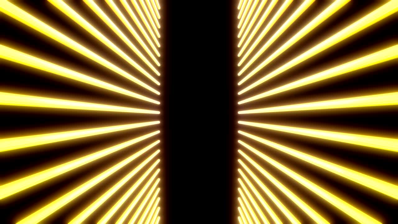 Jasná záře neonového světla, laserové linie na černém pozadí. Barevné abstraktní fluorescenční geometrické pozadí. Opakovatelný futuristický 3D render. Moderní módní animace pro design, vysílání, show a kluby.