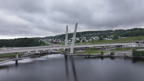 farrisbrua cable-stayed bridge in larvik, norway - aerial drone shot