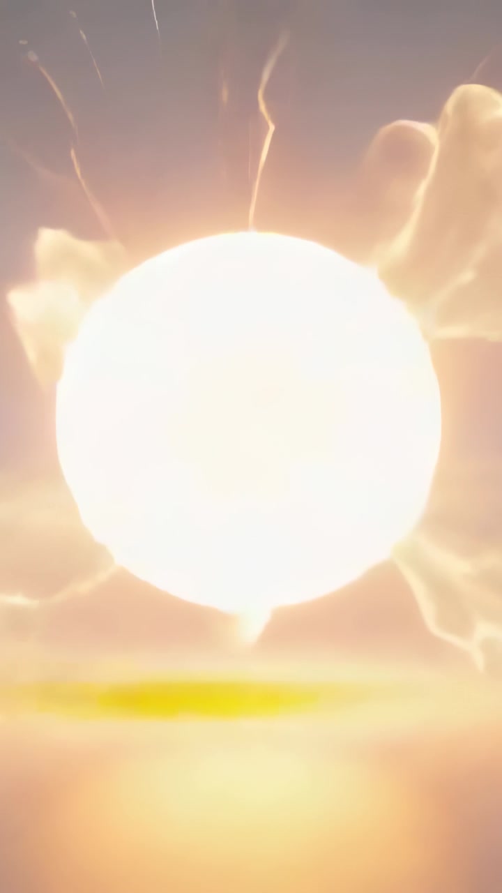 Vertical video: Brightening sun-like orb sending radial rays across sea, forming golden reflection