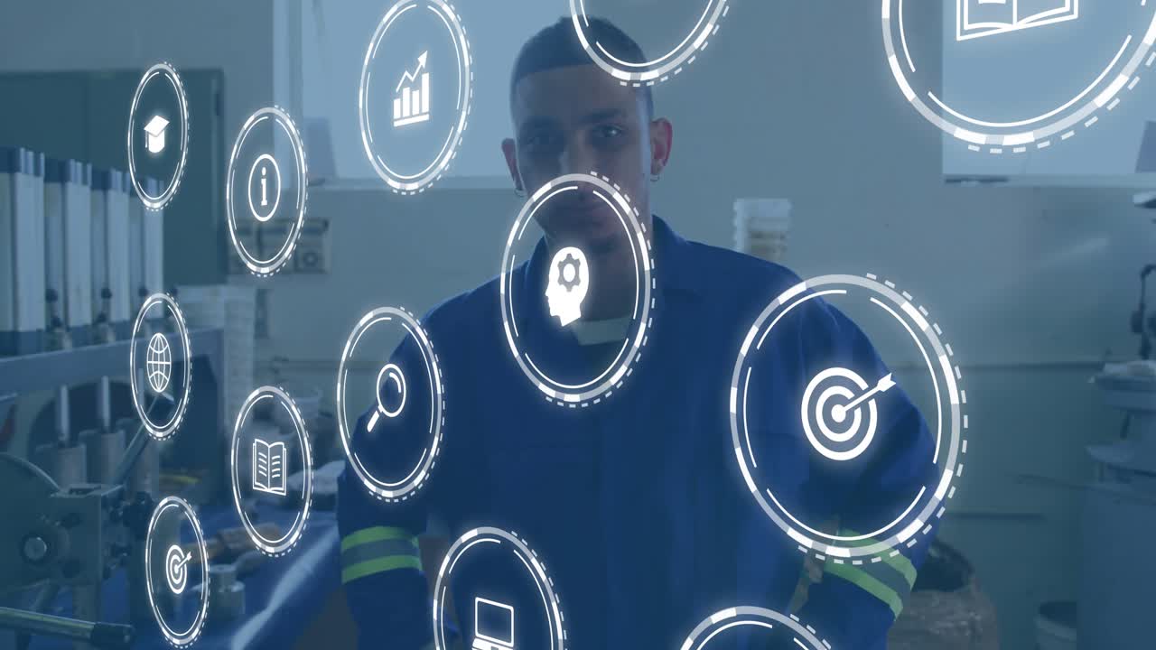 Técnico de pie en el taller activando una interfaz digital con iconos que se materializan y lo rodean