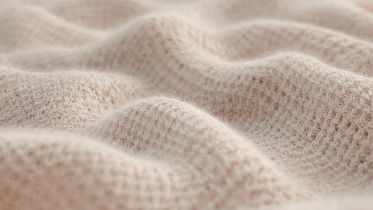 Shifting camera moving closer to pale knit fabric on studio table, revealing waffle stitch texture