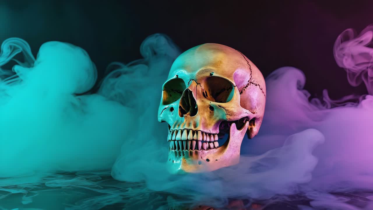 Il cranio nel fumo colorato