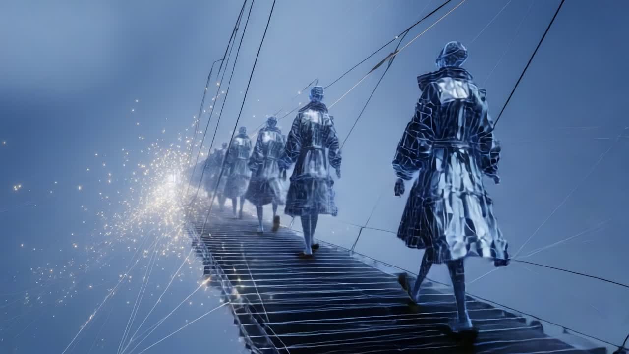A captivating journey through a digital landscape, showcasing figures in reflective coats walking on a suspended path, illuminated by vibrant sparks and ethereal light patterns