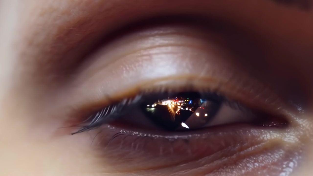 Closeup Eye Reflecting City Lights, Macro Cinematic Portrait Showing Glossy Pupil And Sharp Iris, Wet Tear