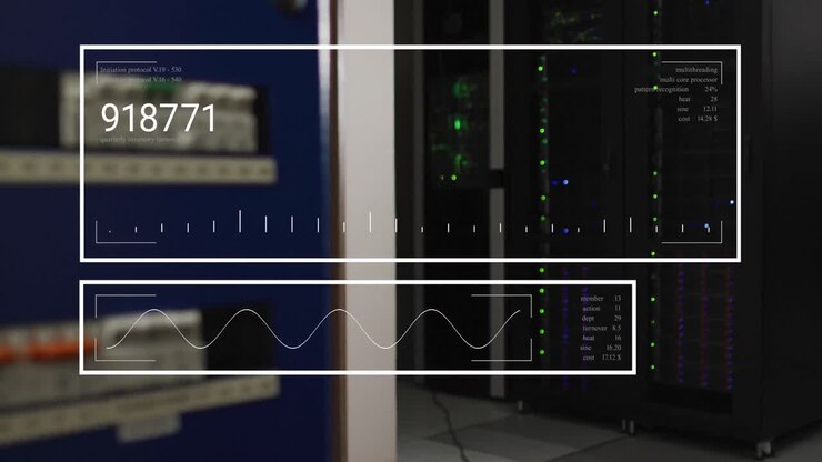 Animation of changing numbers and graph over data server room