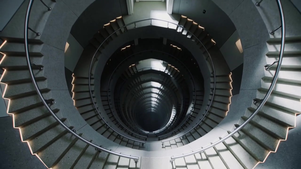 Tilting camera moving through open white doors into stairwell, revealing spiral void showing depth
