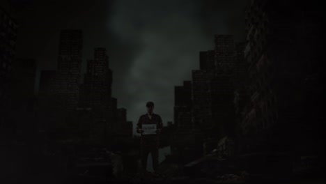 full body of asian male soldier looking at camera, holding a paper with slogan no war while standing in the midst of a ruined city after a war