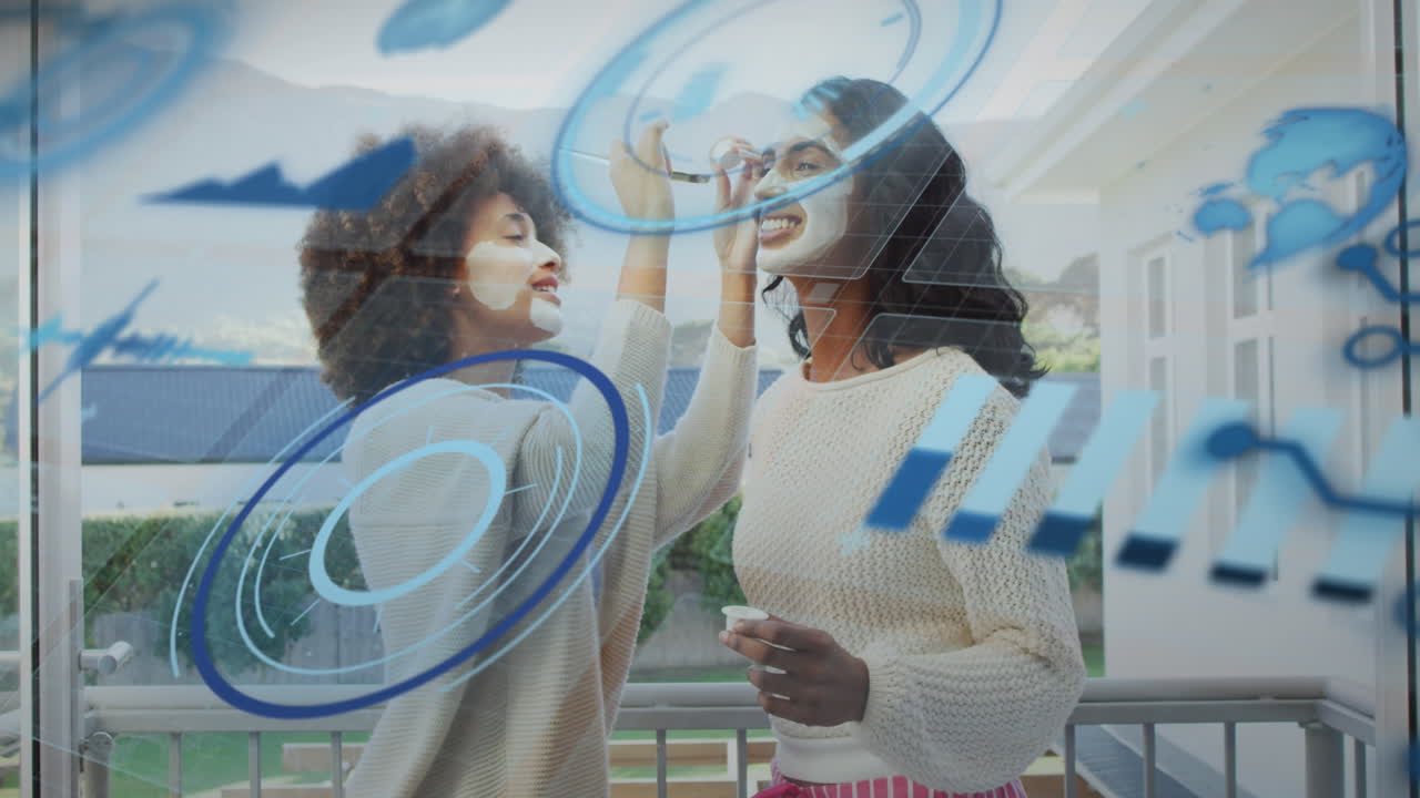 animación del procesamiento de datos financieros sobre diversas mujeres que aplican máscaras faciales