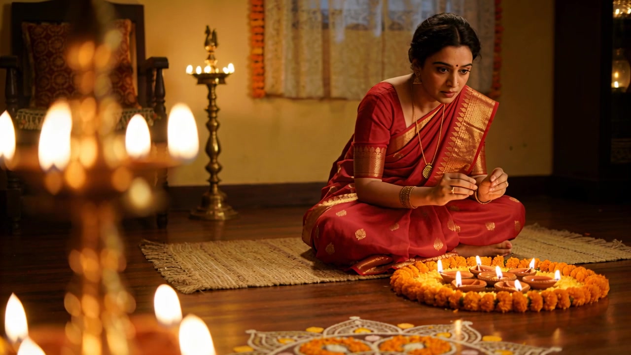 Raising hands, Indian woman in red silk saree blessing then adjusting diyas on mat, marigolds