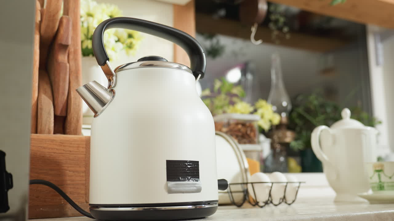 Electric kettle releasing steam with vapor rising from spout as person approaches to turn it off, surrounded by cozy kitchen elements including fresh eggs, flowers and teapot