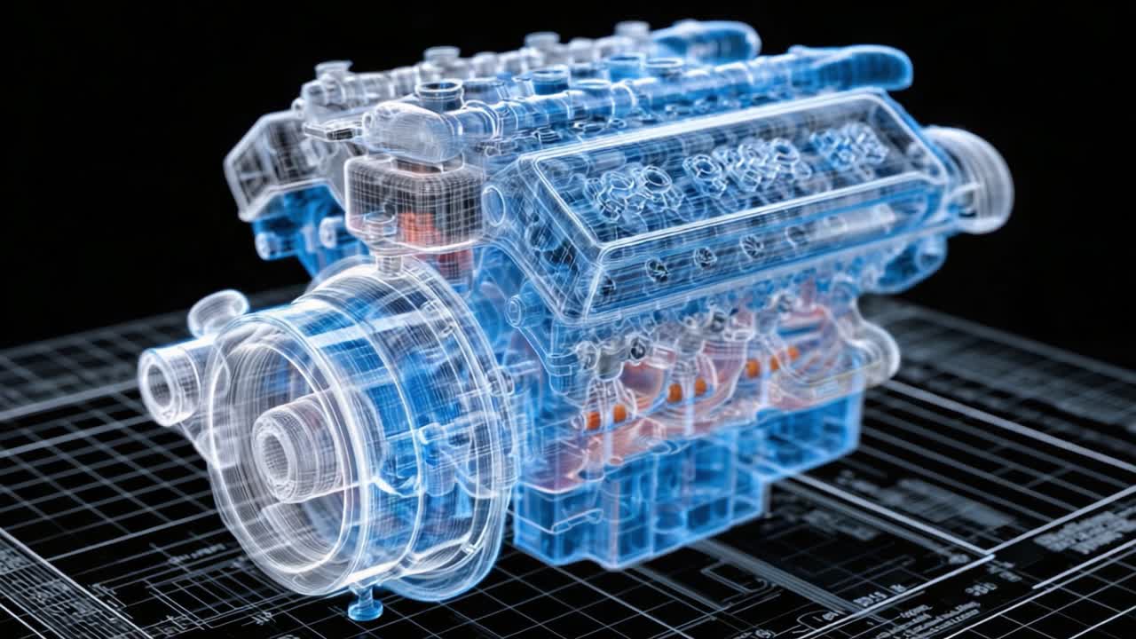 Detailed Visualization of a 3D Engine Model Showcasing Internal Components and Design in a Futuristic Transparent Style