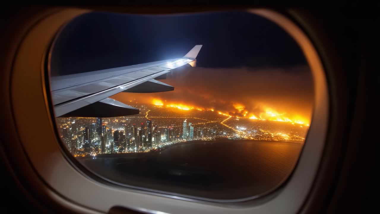 Aerial View of a City at Night with Burning Flames in the Distance, Captured Through an Airplane Window, Highlighting Urban Life Amidst a Dramatic Scene