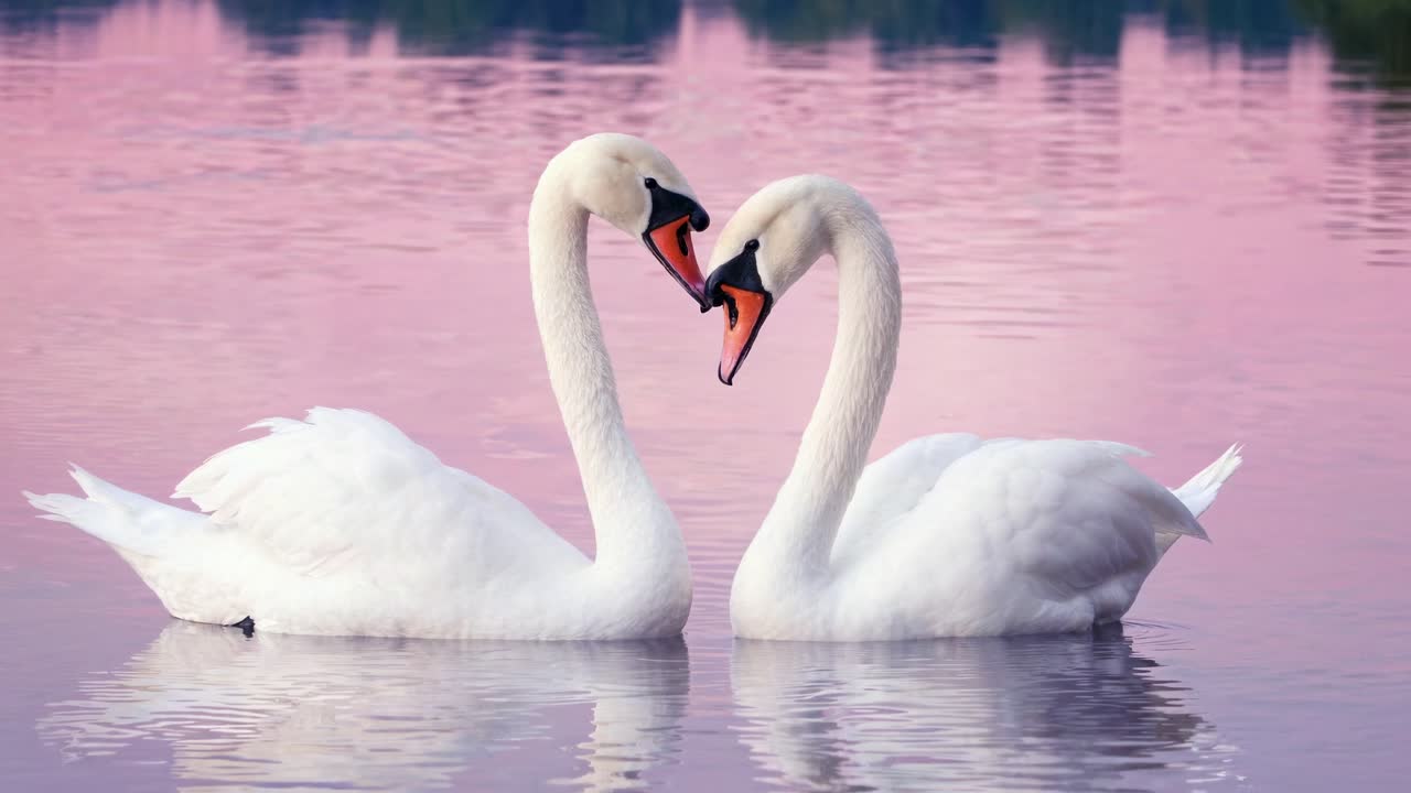 Two swans form a heart shape with their necks on a serene lake at sunset