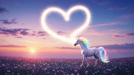a majestic unicorn strolling through a dreamy meadow under a scenic sunset with a heart-shaped sparkle in the sky, creating a magical atmosphere of wonder and beauty
