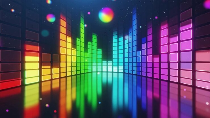 Futuristisk regnbuefarvet neon musik equalizer visualisering baggrund.