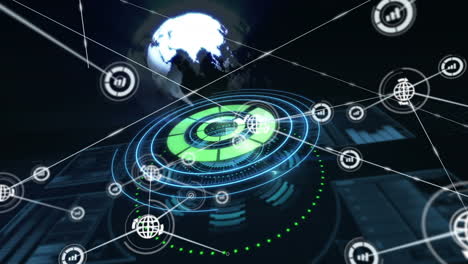 network of digital icons against spinning globe over round scanner on black background