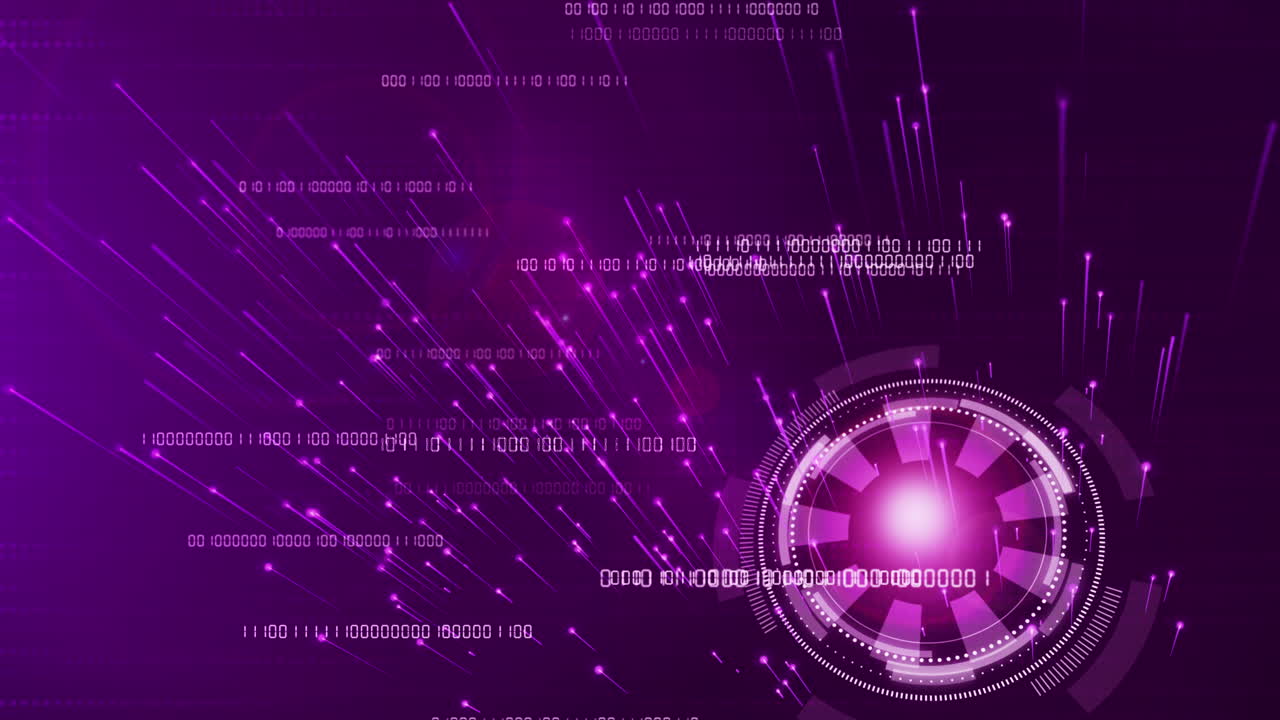 Glowing animated HUD element emitting bright rays. Movement of digits of computer binary code. Technological looped violet background.