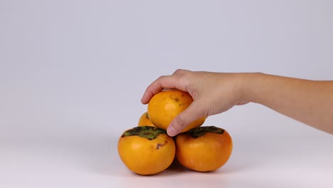 hand arranging and holding persimmons on display