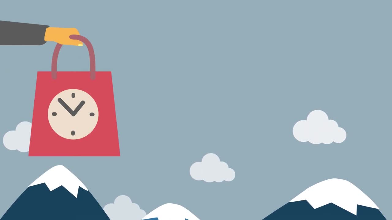 산과 함께 풍경에 맞춰 틱하는 시계와 함께 손을 들고 쇼핑 가방 아이콘의 디지털 애니메이션