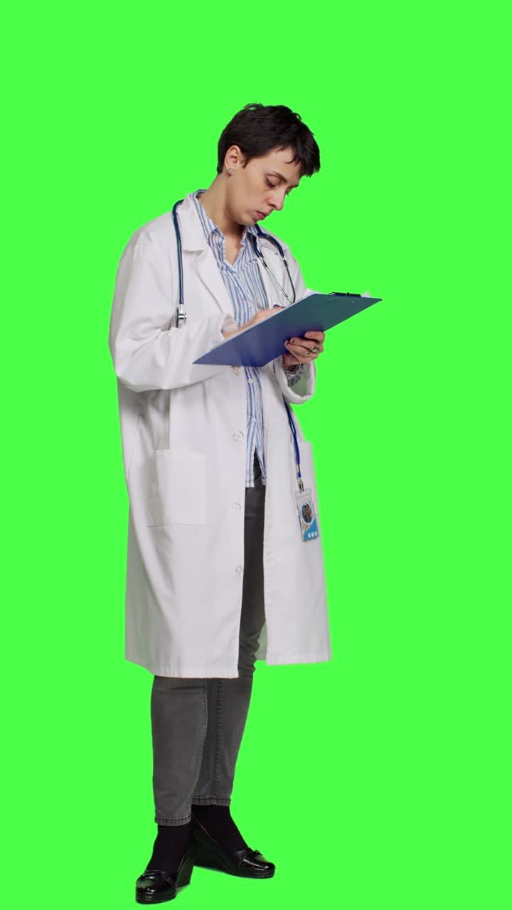 Vista laterale di un medico che prende appunti dopo aver visitato un paziente, con sfondo green screen