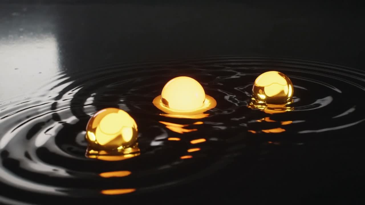 Three golden spheres settling in basin, central glowing and creating ripples with window reflection