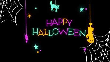 Animation-of-colorful-happy-halloween-text-over-black-background