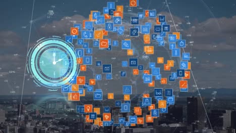 Animation-of-network-of-connections-with-icons-over-cityscape