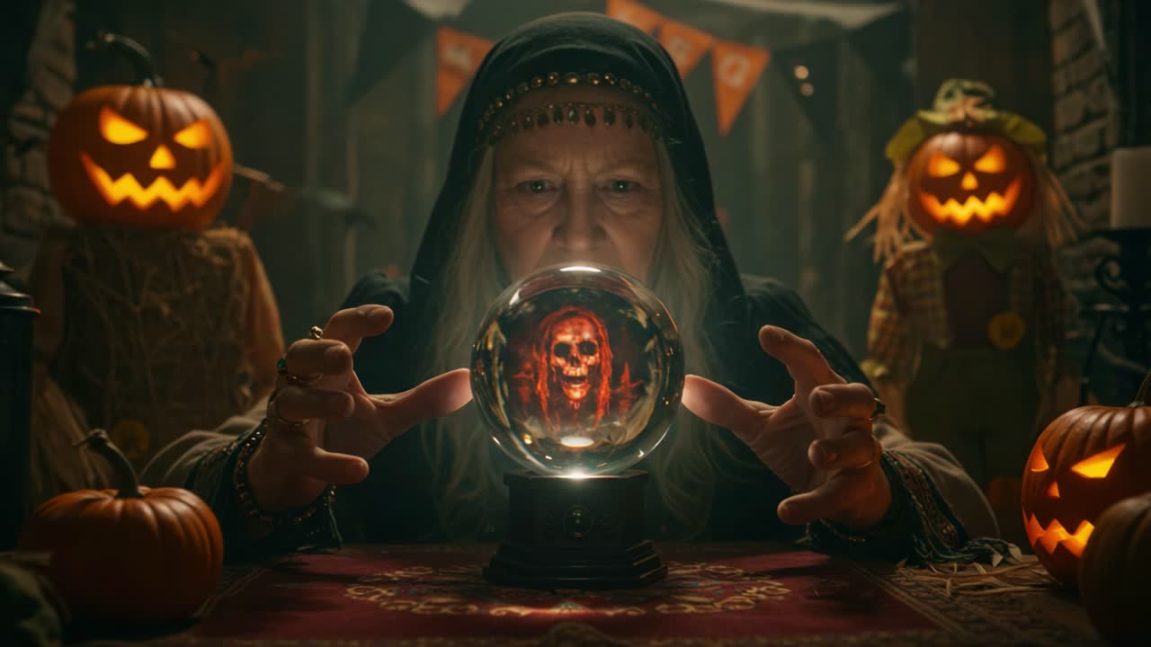Mysterious Seer Gazes Into Crystal Ball, Revealing Haunting Visions of the Unknown, Surrounded by Halloween Decorations and Eerie Atmosphere
