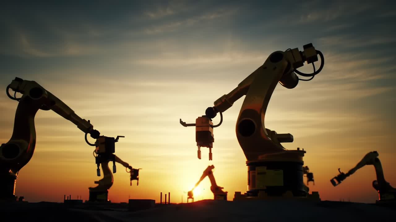 Dusk at the Automation Facility: Robotic Arms Silhouetted Against a Majestic Sunset, Showcasing Advanced Technology and Industrial Progress