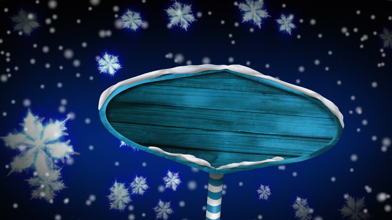 겨울 풍경에서 복사 스페이서와 함께 빈 나무 표지판의 애니메이션