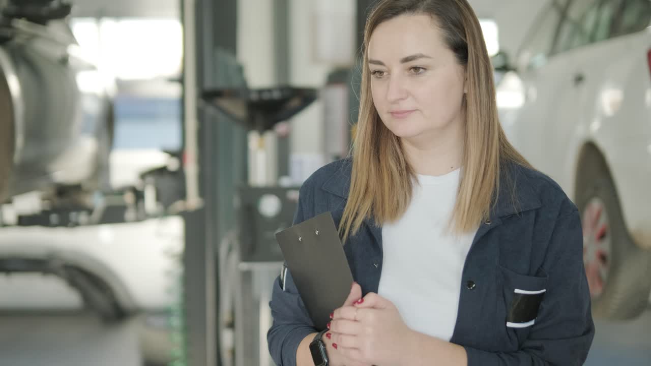 gerente femenina discutiendo la reparación de vehículos con el mecánico en el taller de reparación de automóviles