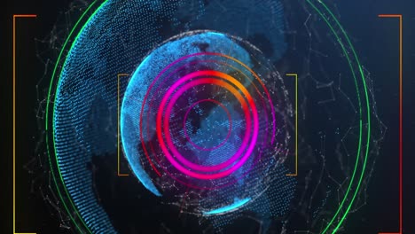 Animation-Des-Verbindungsnetzwerks-Und-Des-Scope-Scans-über-Einem-Sich-Drehenden-Globus-Auf-Blauem-Hintergrund