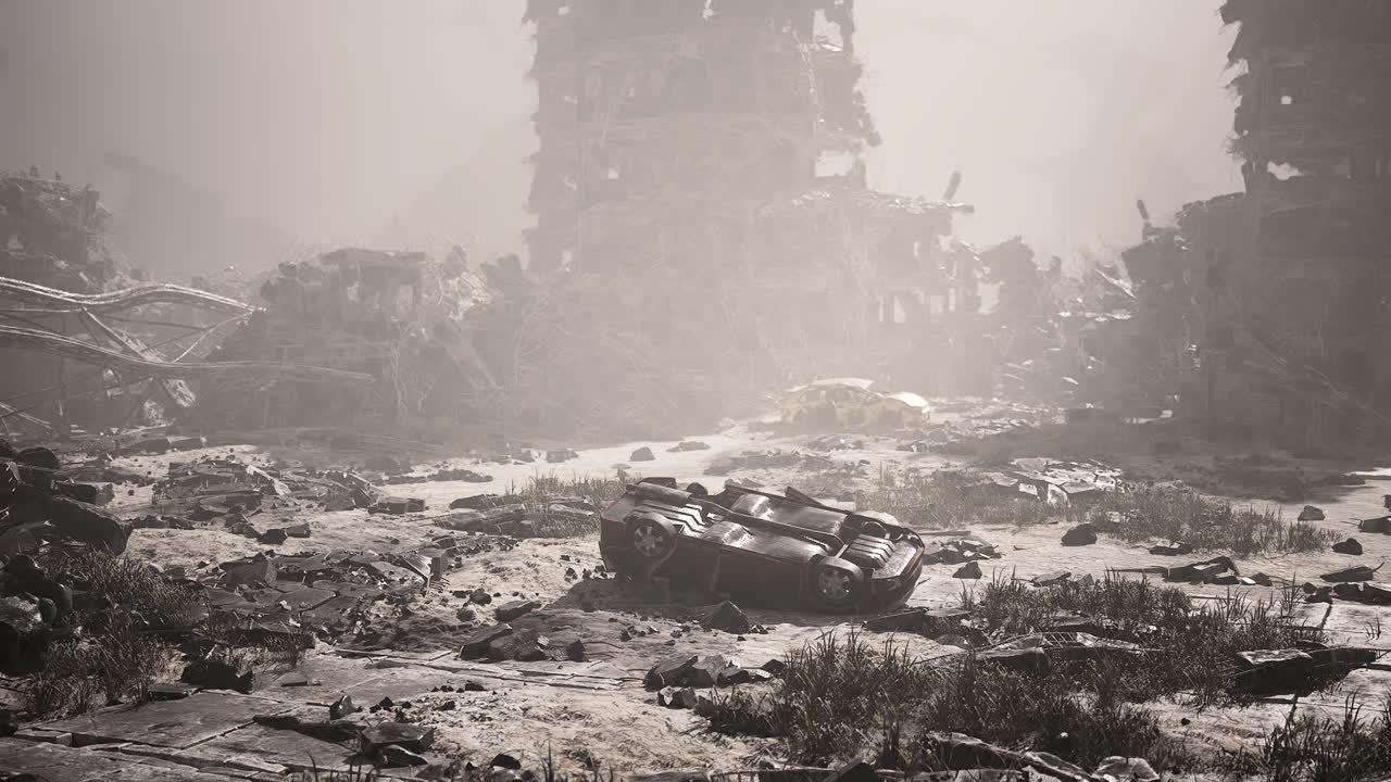 Abandoned vehicle in a post apocalyptic landscape at dusk