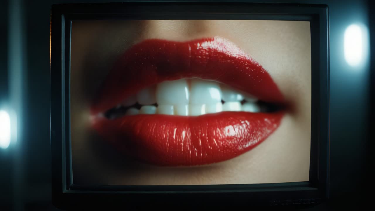 Primi Piani di Labbra Rosse Lucide su uno Schermo Televisivo Vintage con Illuminazione Drammatica e Focus su Texture e Lucentezza, Perfetto per Temi di Bellezza e Trucco
