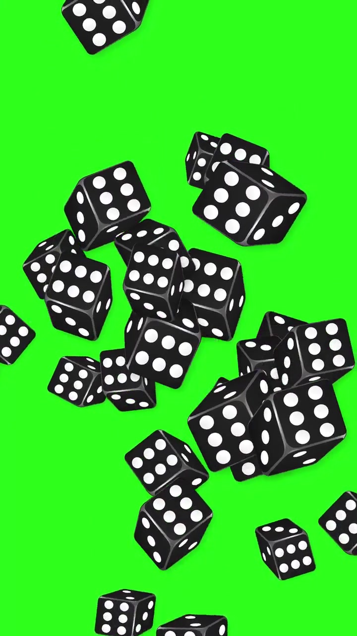 Numerosi dadi neri cadono e rimbalzano contro uno schermo verde brillante con orientamento verticale