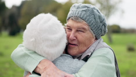 smile, love and senior friends hugging in a park