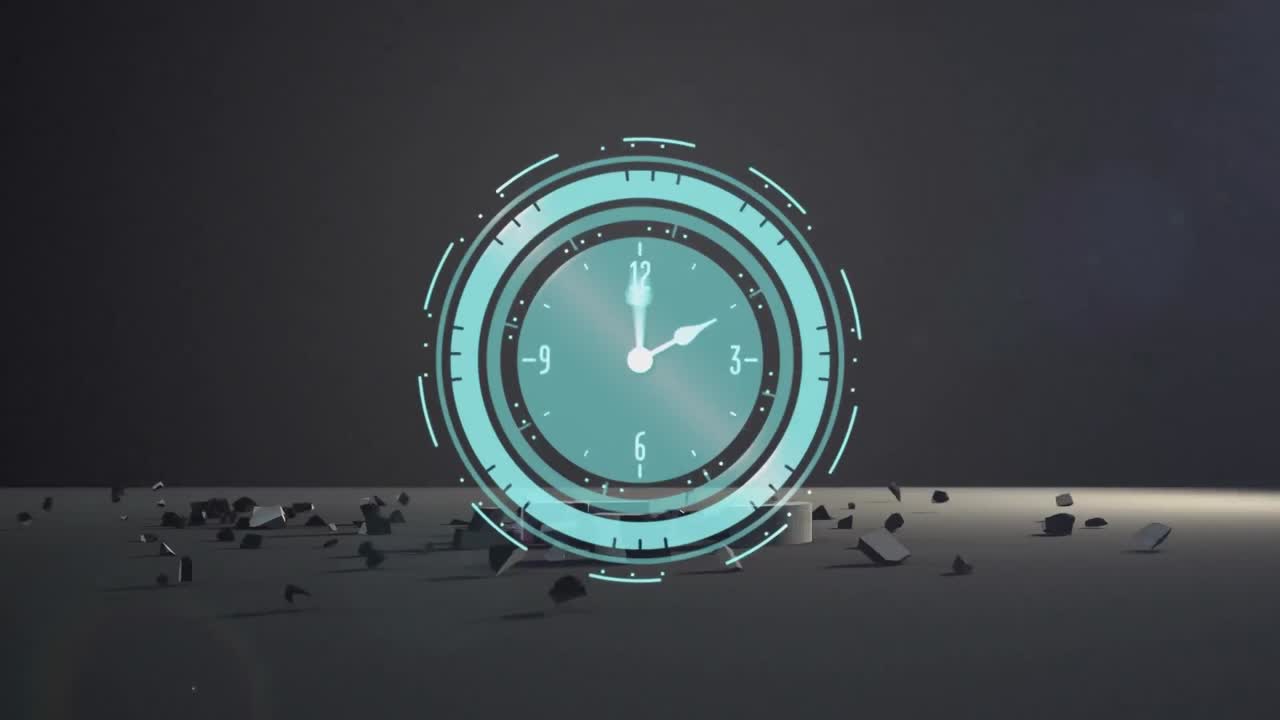 неоновые цифровые часы тикают над символом валюты евро , падающим и ломающимся на сером фоне .