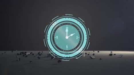 reloj digital de neón haciendo tic-tac sobre el símbolo de la moneda euro cayendo y rompiéndose contra un fondo gris