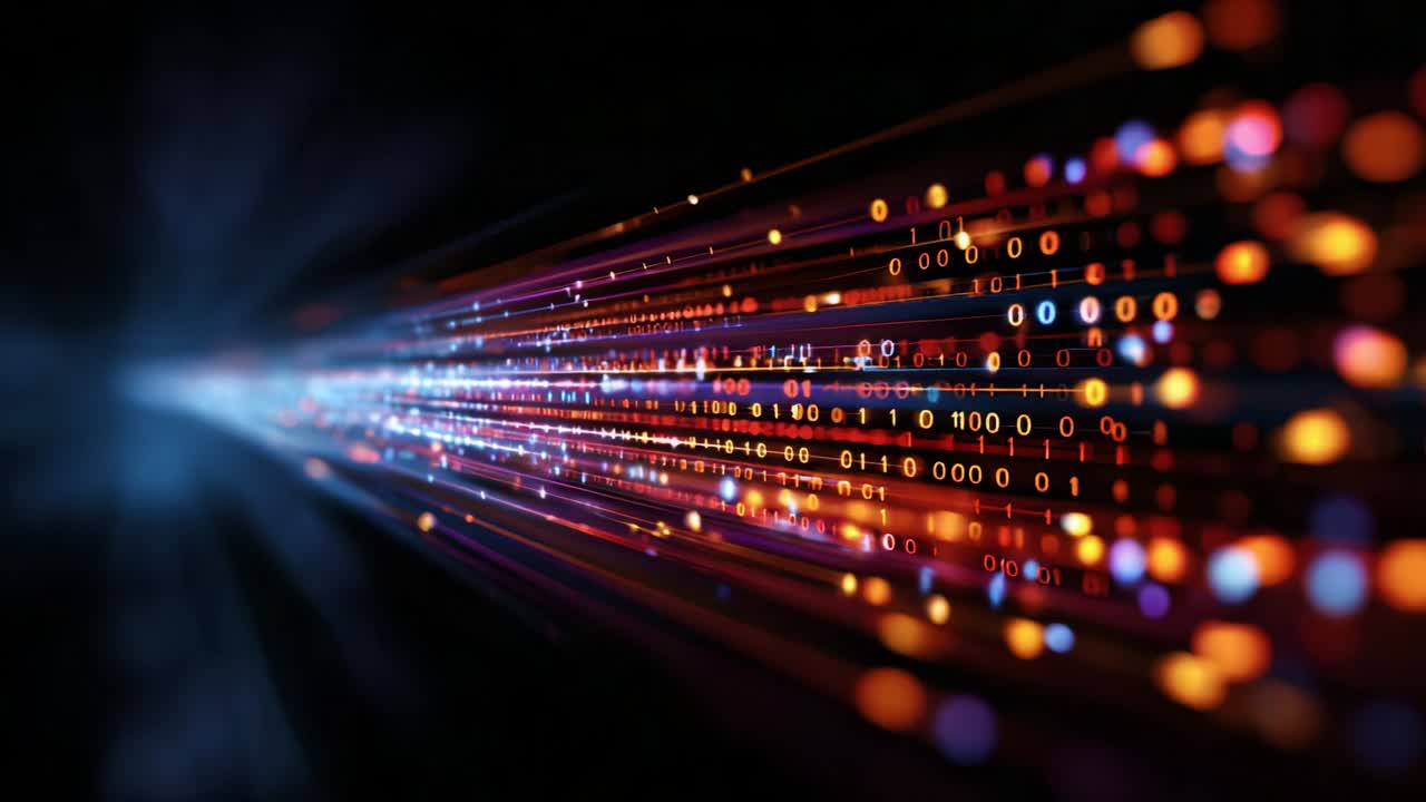 Visualizzazione dinamica di vivaci flussi di luce che rappresentano la trasmissione di dati con particelle illuminanti e codice binario che volano attraverso un universo digitale astratto, enfatizzando la connettività e la velocità