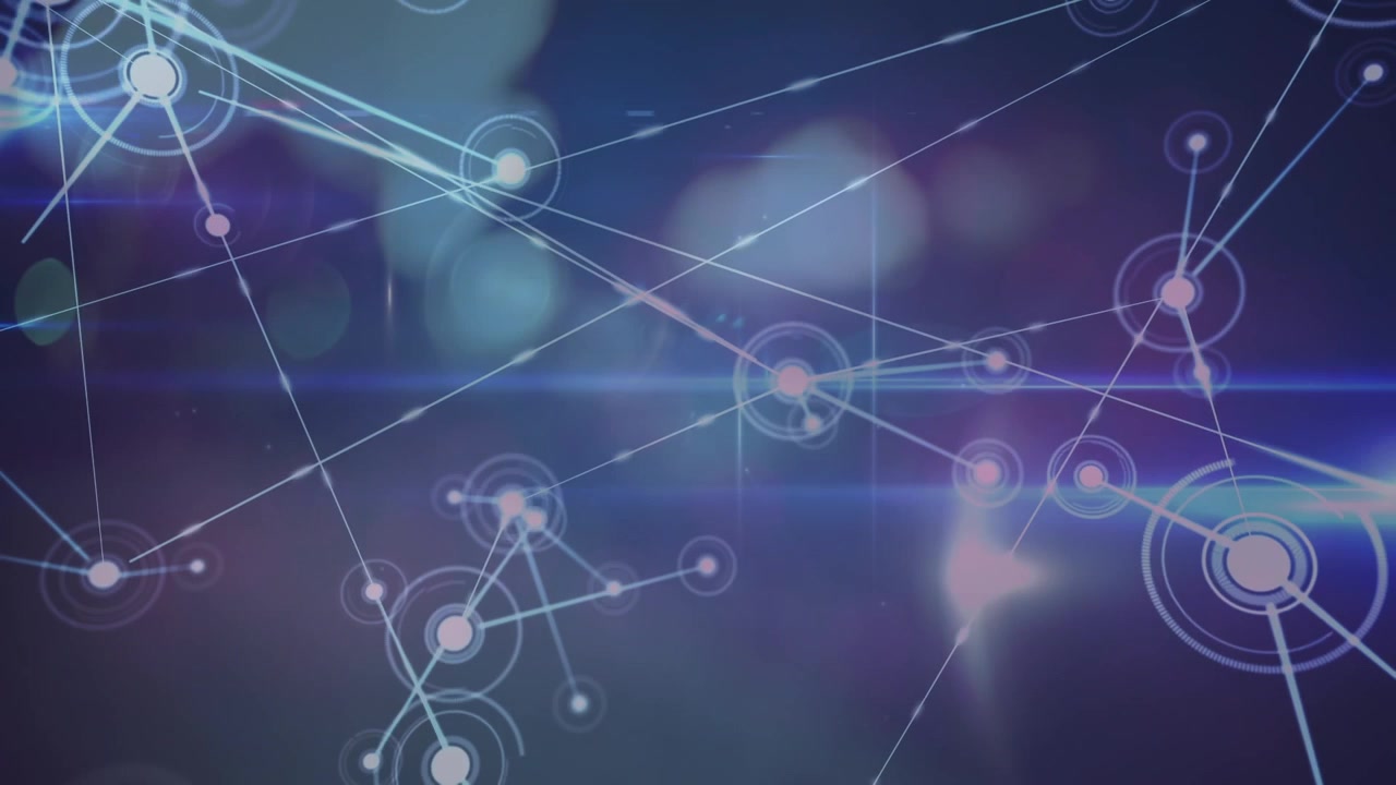 Animation af netværk af forbindelser og forskelligartet databehandling over blå baggrund