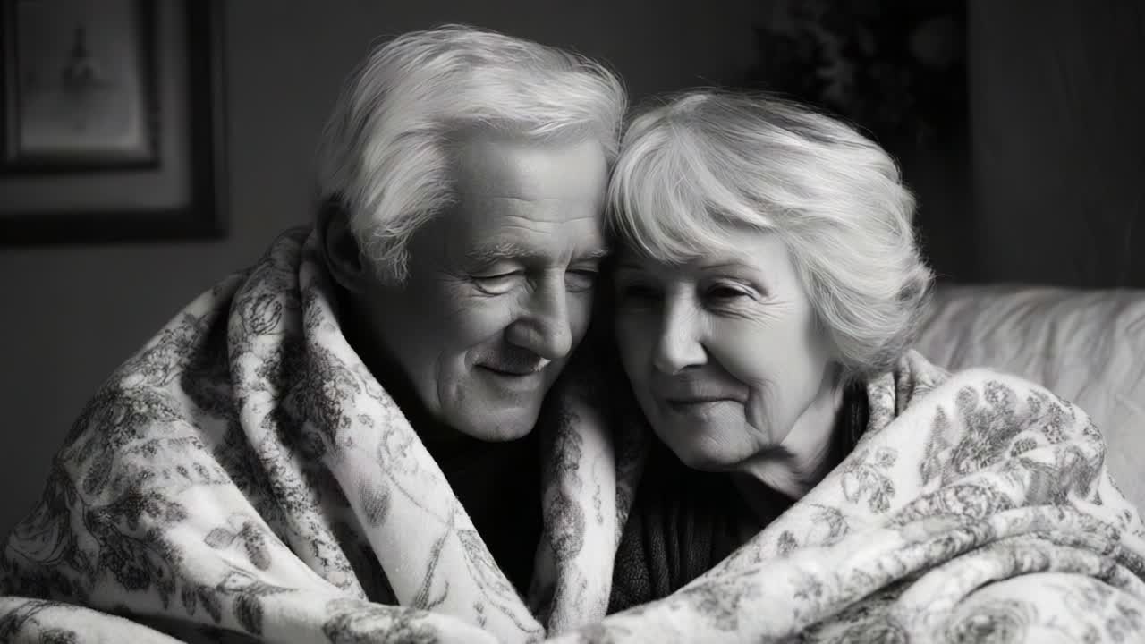 A Heartwarming Moment of Connection and Intimacy Between Two Elderly Individuals, Sharing a Blanket and Enjoying Each Other's Company While Embracing the Comfort of Their Affectionate Bond