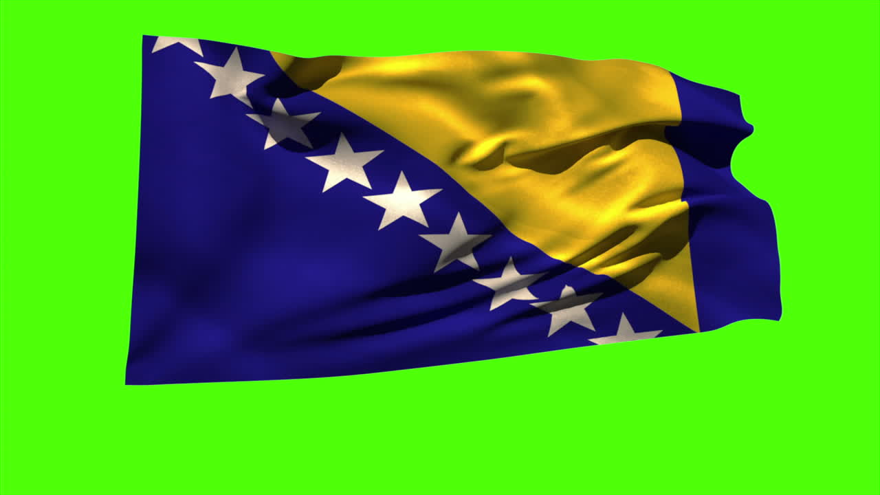 보스니아 국기가 바람에 날아다니고 있다.