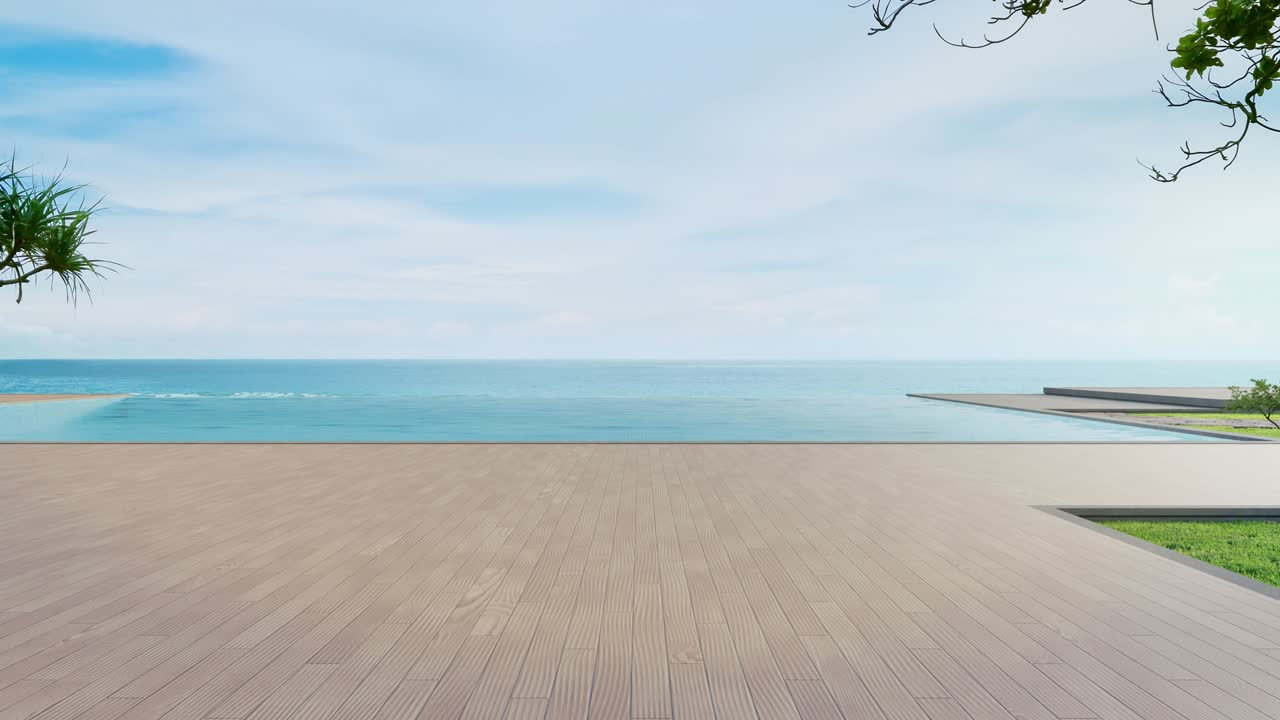 현대적인 디자인의 해수욕장과 테라스를 볼 수 있는 럭셔리 해변 주택.