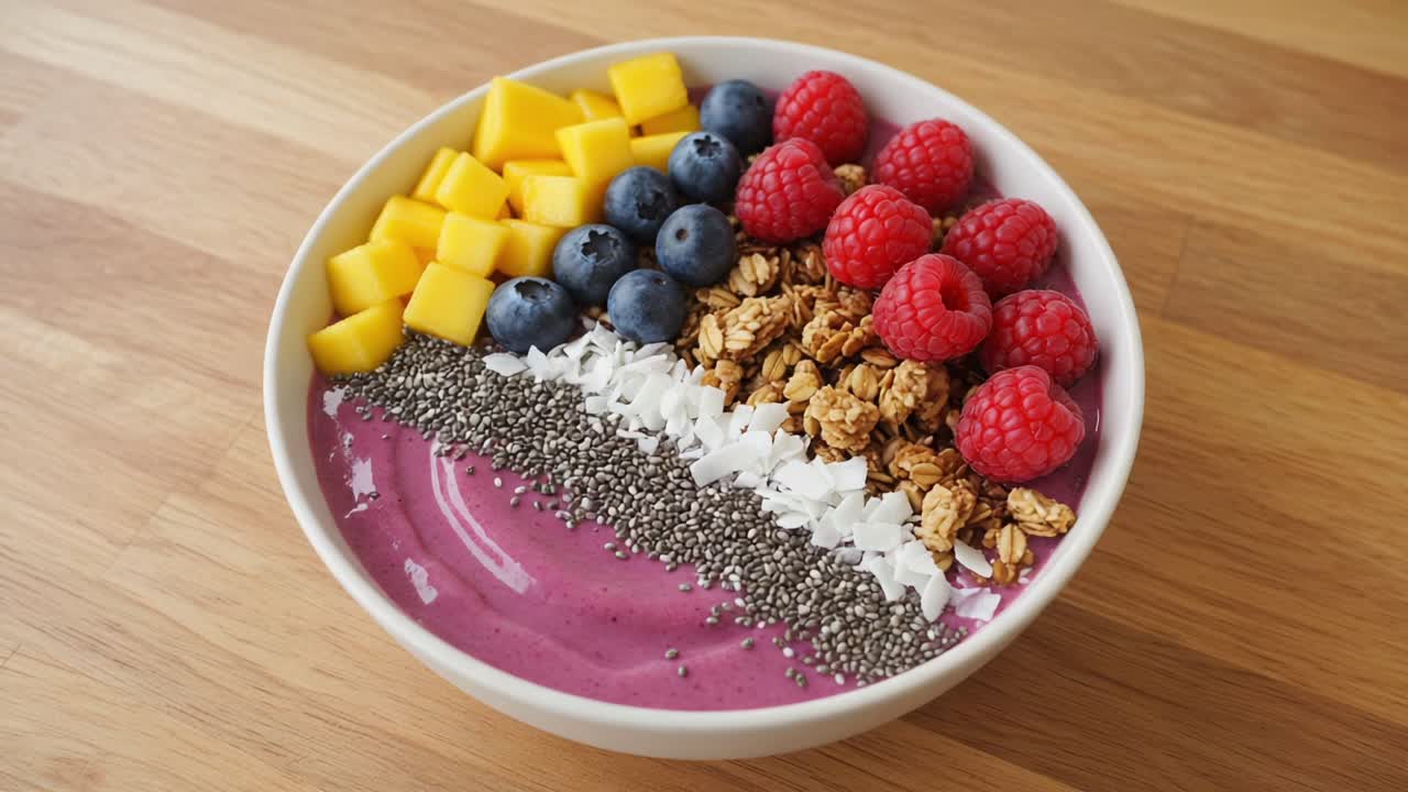 A Vibrant Breakfast Bowl Featuring Creamy Smoothie Base Topped with Fresh Mango, Blueberries, Raspberries, Crunchy Granola, and Chia Seeds for a Healthy Start to Your Day