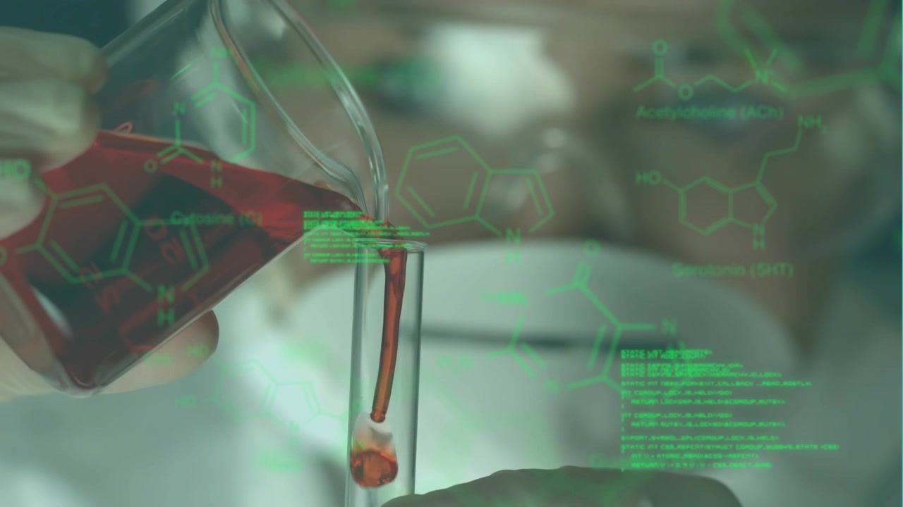 Animation of chemical formulas over caucasian female lab worker pouring liquids