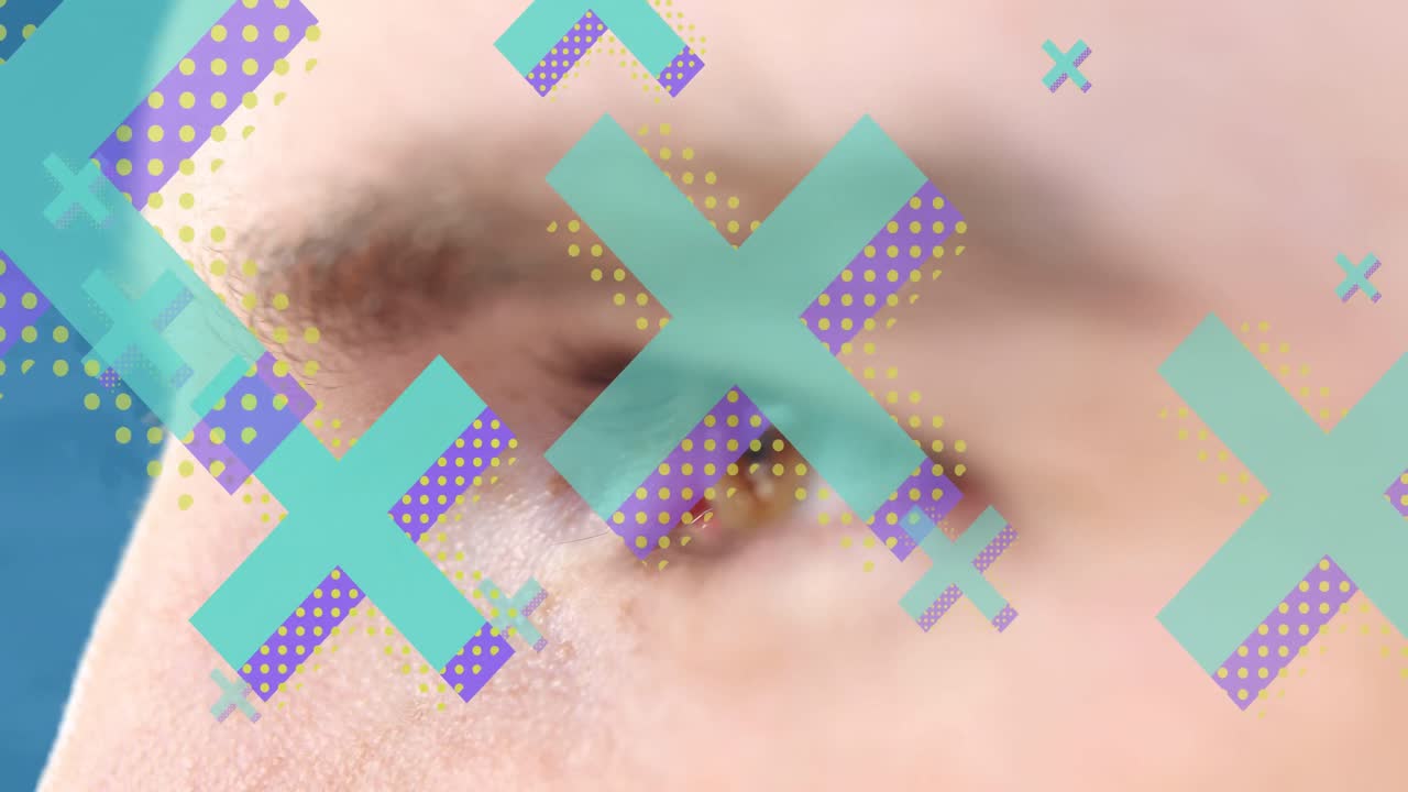 파란색 배경 에 있는 백인 남자 의 눈 위 에 있는 십자가 아이콘 의 애니메이션