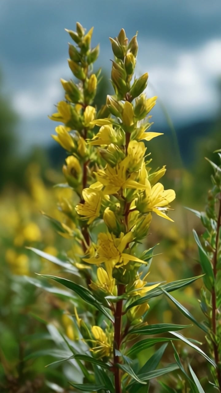 Vibrant Yellow Wildflowers Blooms Under a Cloudy Sky Showcasing Their Unique Petal Structure and Lush Green Foliage in a Natural Outdoor Environment