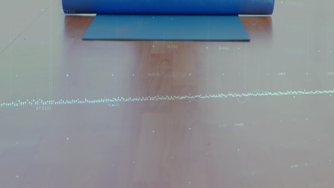 Adult male placing foam roller, pressing, stabilizing on mat for fitness while HUD overlaying arms