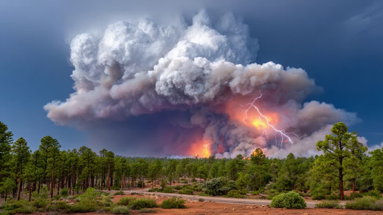 Dramatic Thunderstorm Illuminates Smoky Skies Above Dense Forest as Wildfire Engulfs Landscape with Striking Lightning Strikes and Fiery Hues in the Background